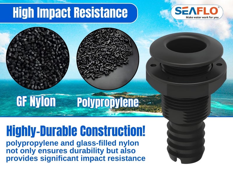 SEAFLO 1-1/4"", Black (1-Pack) Thru Hulls Fitting Thru-Hull with Check Valve, Polypropylene + Glass-Filled Nylon, 4-Year Warranty - Image 4